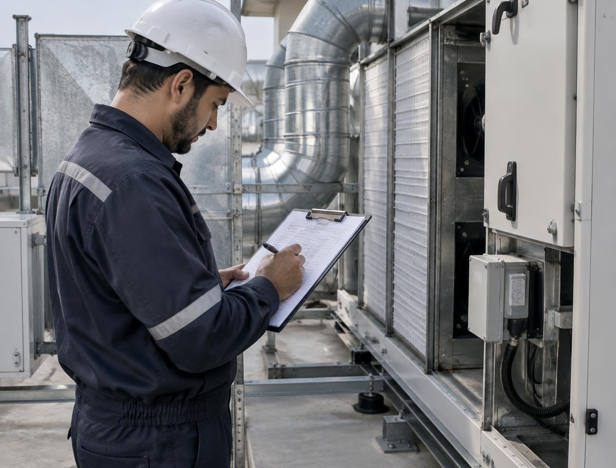 Técnico registrando inspeção de sistema de climatização de grande porte